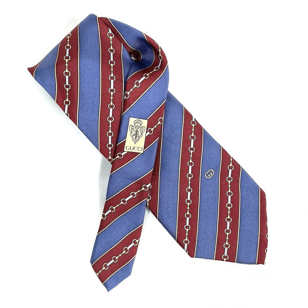 GUCCI 100% Silk Tie Red Blue Diagonal Stripe Gold Silver Chain Horsebit Italy - Picture 1 of 11